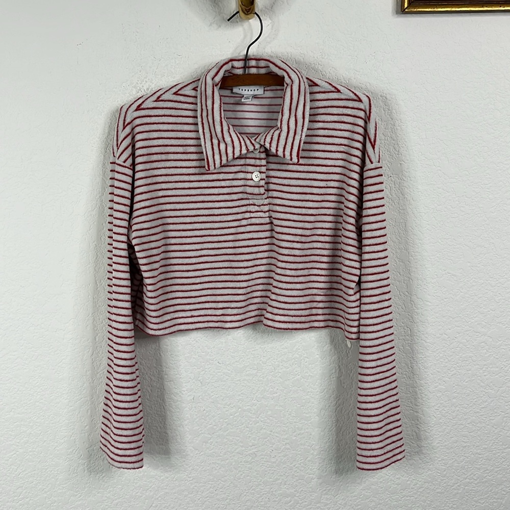 Topshop Terrycloth Stripe Button Up Polo in Red and White - Picture 2 of 8